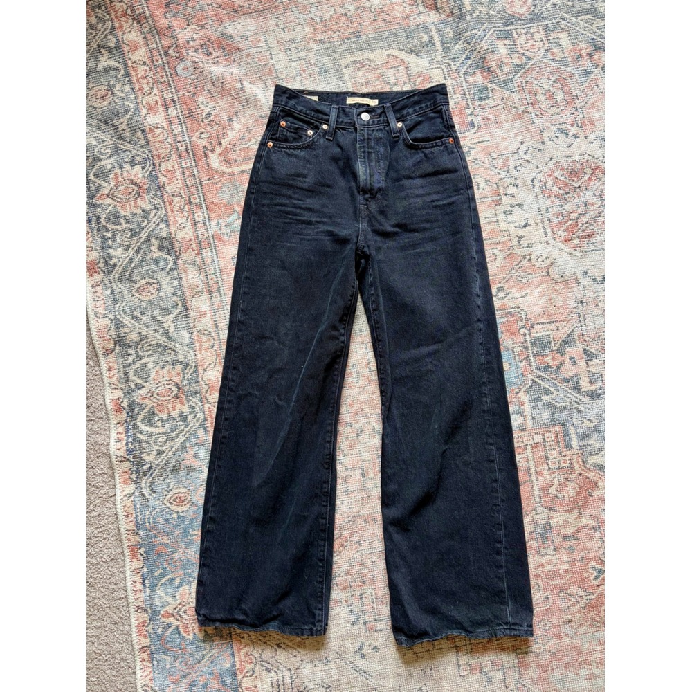 Levis Women's 26 Black Denim Ribcage Wide Leg Faded Black High Rise Jeans